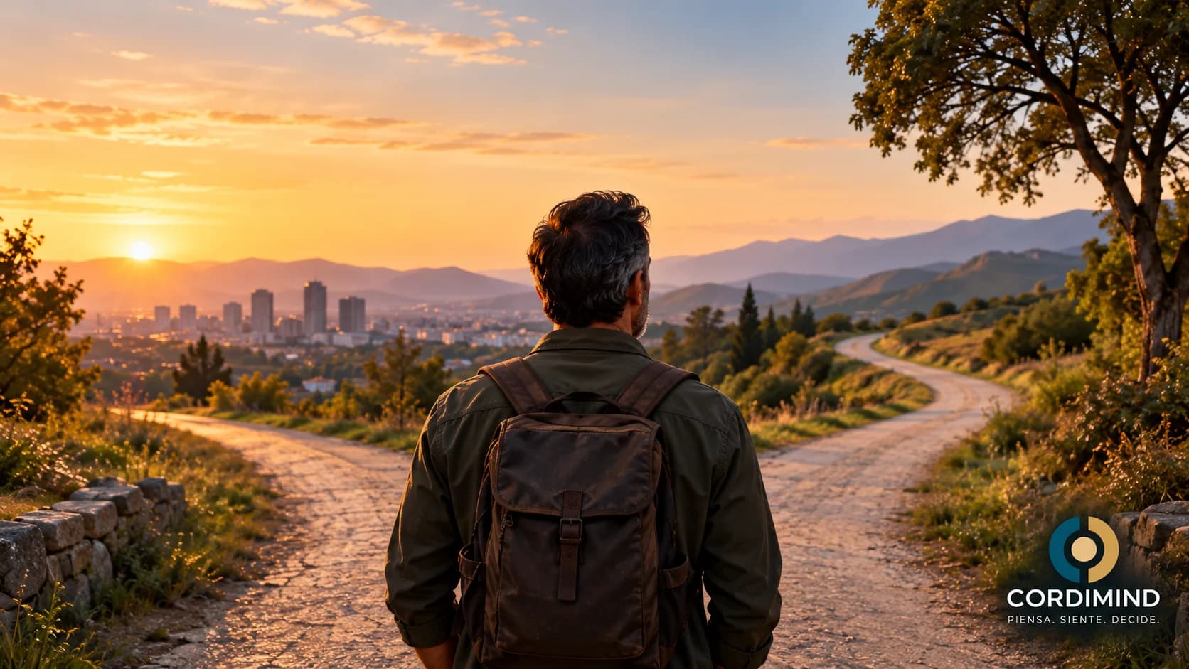 Una persona con mochila ante dos caminos al atardecer, con una ciudad y montañas al fondo y el logo de CORDIMIND.