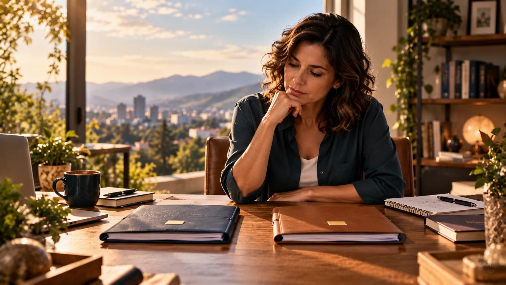Mujer comparando dos ofertas de trabajo antes de tomar una decisión