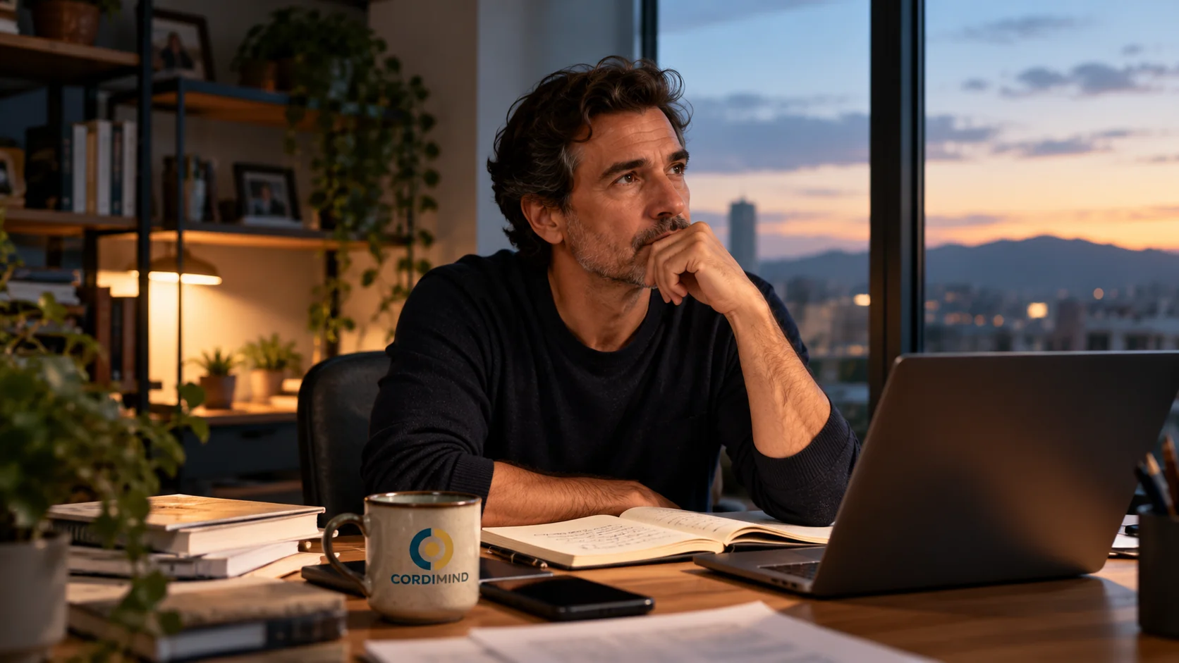 Un hombre reflexiona frente a su portátil en un escritorio al atardecer, junto a un cuaderno y una taza con el logo de CORDIMIND.